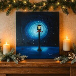 Winter Lamppost Painting Night Snow Scene Lantern Artwork Holiday Decor Signed